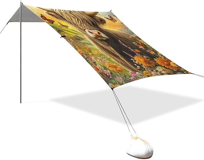 ALAZA Highland Cow Flowers Butterfly Beach Tent Sun Shelter Portable Canopy Sunshade for Outdoor Camping Picnics Backyard Fun 10x9 ft