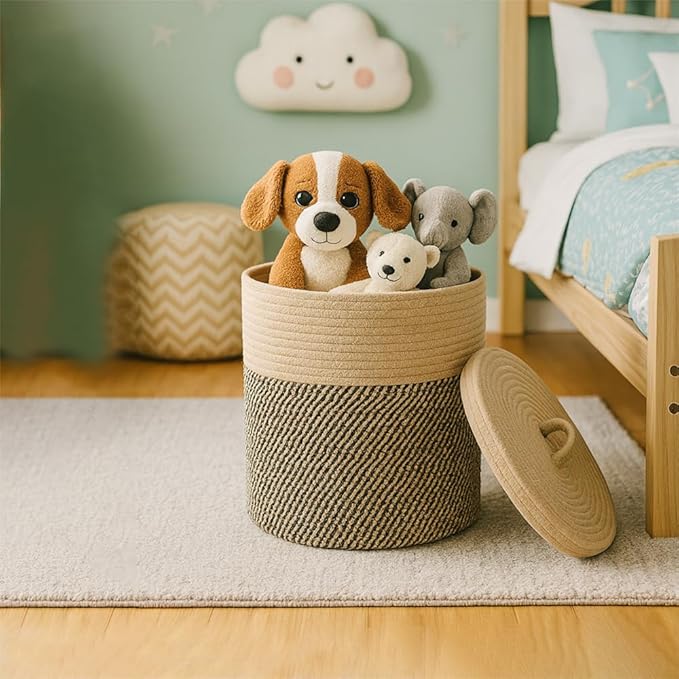 Yimi's Dream Cotton Rope Basket with Lid – Soft Storage Bin for Home Organization Brown &amp Brown‑Black Pattern Sturdy Lightweight &amp Stylish 11.5″ Round x 13.5″ High