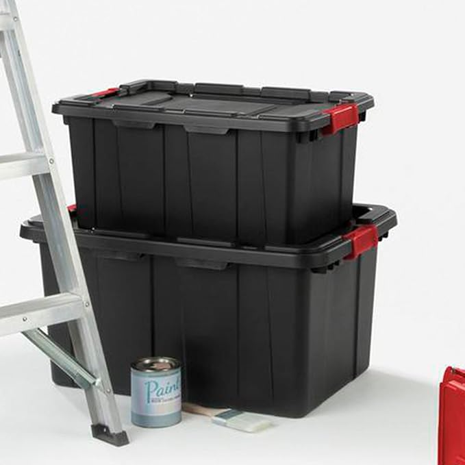 Sterilite 14669004 27 Gallon/102 Liter Industrial Tote Black Lid &amp Base w/Racer Red Latches