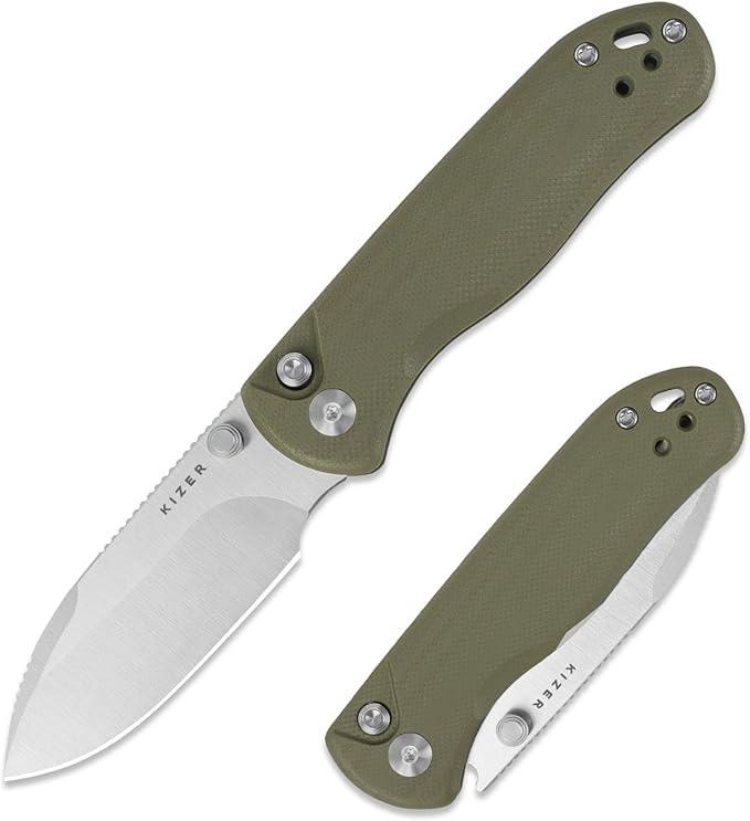 Kizer Drop Bear 2 Pocket Knife 2.92 AEB-L Drop Point Blade Folding Knife with Olive Green G10 Handle Button Liner Lock EDC Knives with Jimping on Spine for Men Women V3619.2CD2