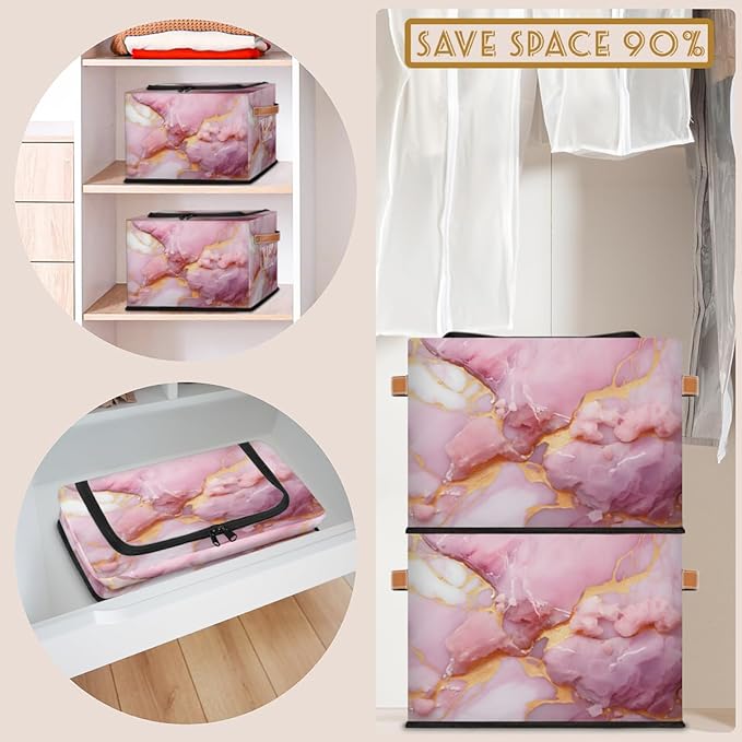 Pink Marble Storage Bins with Zipper Lid Gold Marble Fabric Lidded Storage Baskets Cubes with Handles Decorative Foldable Shelf Closet Organizer Container