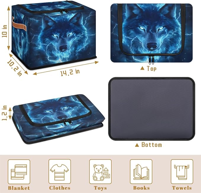 Wildlife Wolf Storage Box with Lid Cool Wolf Collapsible Storage Bins Baskets Cubes Closet Shelf Clothes Organizer Containers with PU Leather Handles