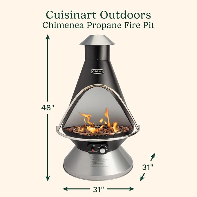 Cuisinart Chimenea Propane Fire Pit 40000 BTU Adjustable Gas Fire Pit for Patios Includes Lava Rocks Directional Heat Shield and Push to Start Ignition Perfect for Backyards Decks and Patios