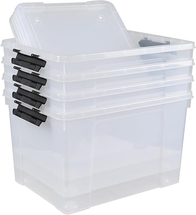 50 L Large Plastic Storage Bins with Latching Lids and Wheels 4-Pack Clear Stackable Boxes for Closet Garage