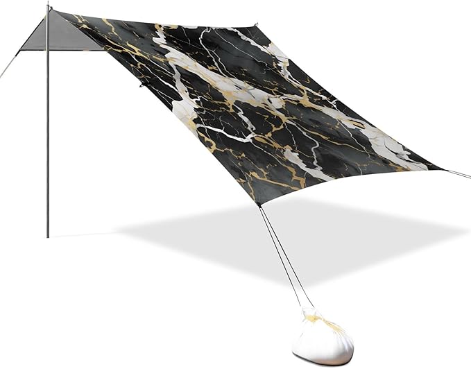 ALAZA Black Marble Gold Line Modern Beach Tent Sun Shelter UPF50+ Protection Beach Shade Canopy w/ 4 Sandbags for Outdoor Camping Fishing Backyard Fun Picnic 10x9 ft