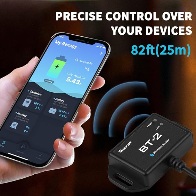 Renogy BT-2 Bluetooth Module for Solar Systems - Wireless Monitor &amp Control via DC Home App RS485/RJ45 Port 82ft RangeIP54 WaterproofCompatible with MPPT ControllersLithium BatteriesInverter