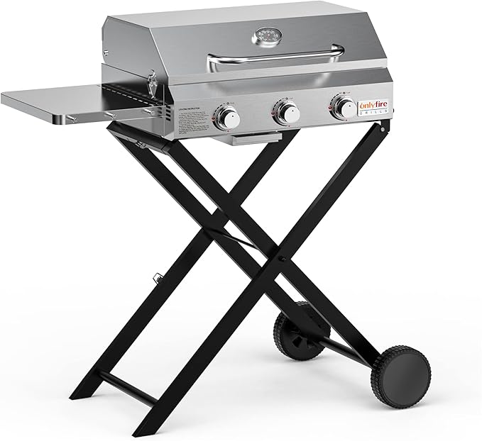 BBQ Gas Grill 3-Burner with Foldable Cart &amp Side Table Premium Portable Propane Grill with 22 Cooking Grate for Outdoor Patio Backyard Barbecue Camping Tailgating RV Stainless Steel Classic GS