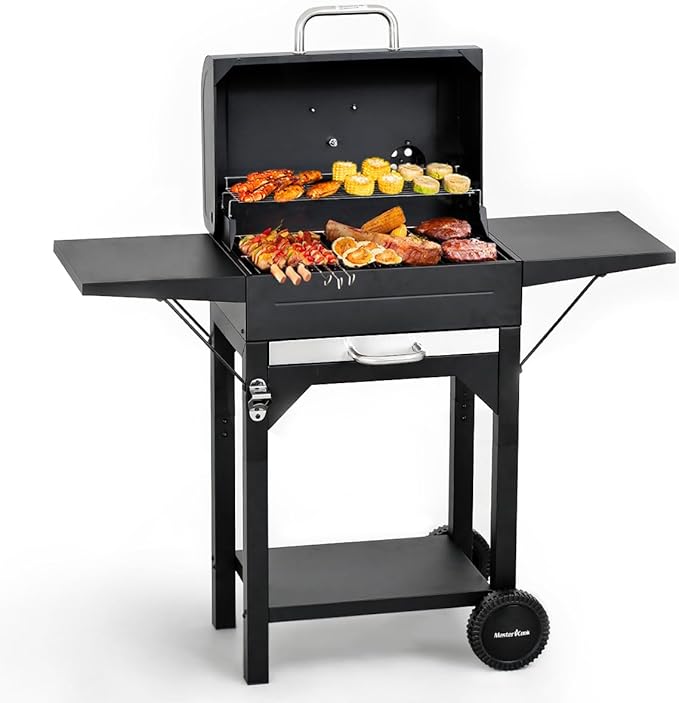 MASTER COOK Charcoal Grills with Two Side Tables 332 SQIN Cooking Area Outdoor Smoker Barbecue bbq grill for Camping PatioBackyard Party Picnic Black