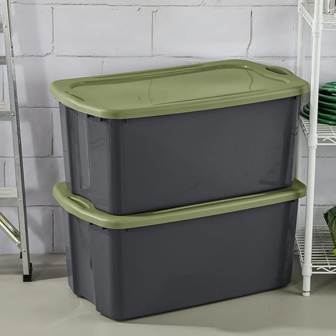 (2 Pack) 30 Gallon Plastic Storage Bin – Full-Grip Handles Easy-Carry Stackable Heavy Duty Organizer for Home Garage Closet &amp Dorm (Gray &amp Green)