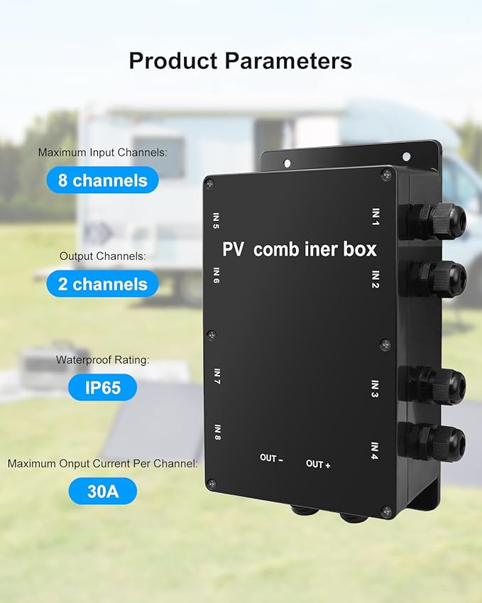 Roof Combiner Box for Solar Panels Weatherproof PV Combiner Box for RV and Off-Grid/Grid-Connected Solar Systems 8 in 1 Out Solar Panel Connection Box IP68 Waterproof