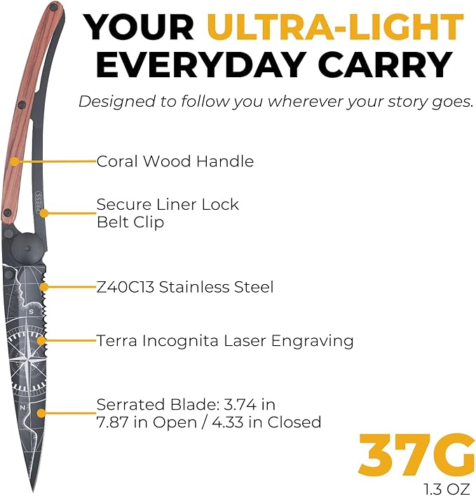 deejo - 37G Serrated Folding Pocket Knife with Belt Clip - Terra Incognita Design 3.7-Inch Stainless Steel Blade Black Titanium Finish Coral Handle - Lightweight EDC for Home Work Outdoor Use