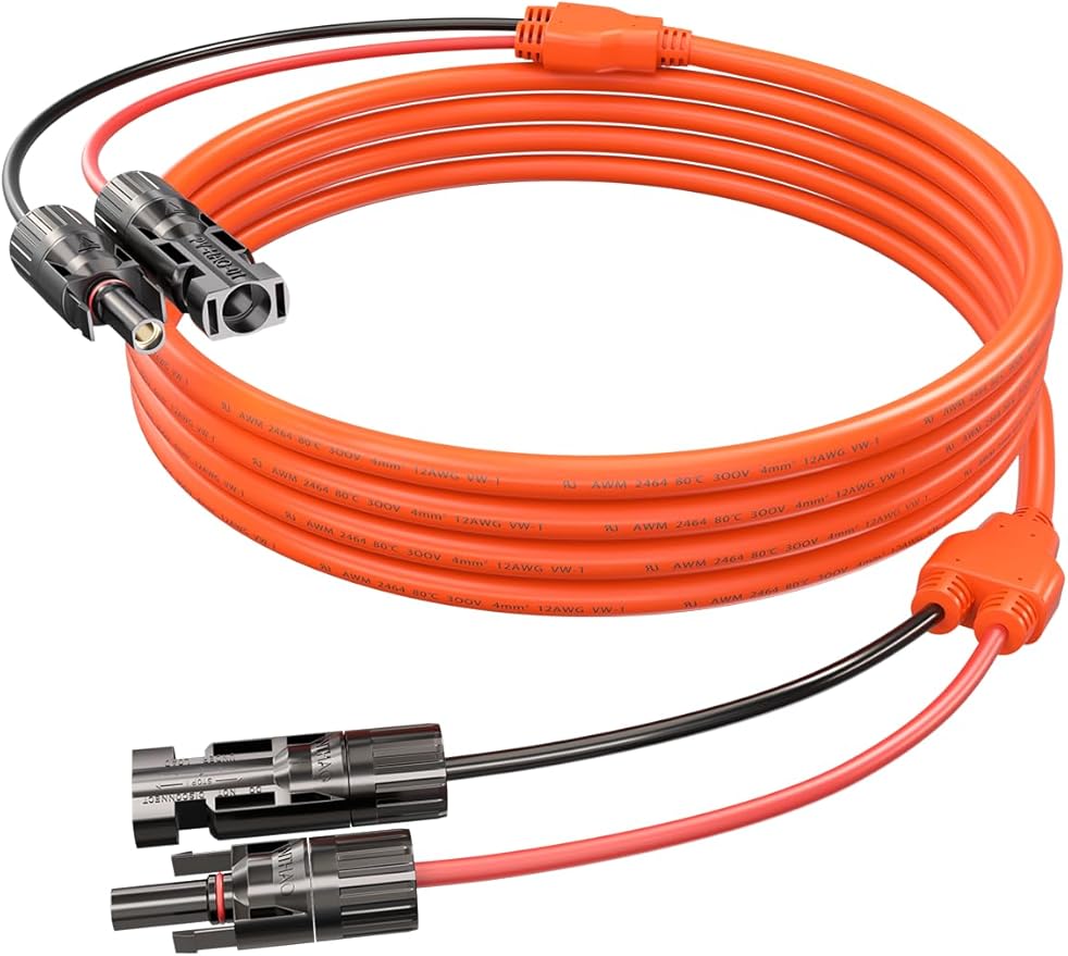 16.5FT Orange One-Piece Solar Panel Extension Cable 12AWG 4mm² Solar PV Wire with IP68 Female &amp Male Waterproof Connectors Durable Flame Retardant Sleeving for RV Home and Photovoltaic Systems