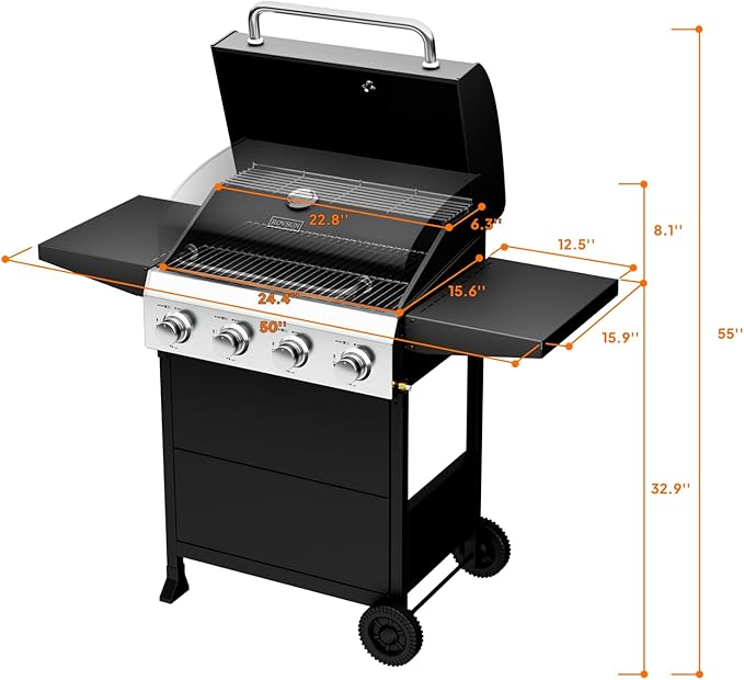 ROVSUN 4 Burner Propane Gas Grill with Foldable Side Shelves 40000BTU BBQ Grills with Enameled Cast Iron Grates Cabinet &amp Poratable Rolling Wheels for Outdoor Garden Patio Backyard Barbecue Cook