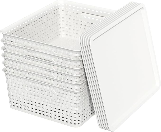 6 Packs Plastic Woven Storage Basket with Lid Stackable Lidded Storage Baskets for Shelves (White)