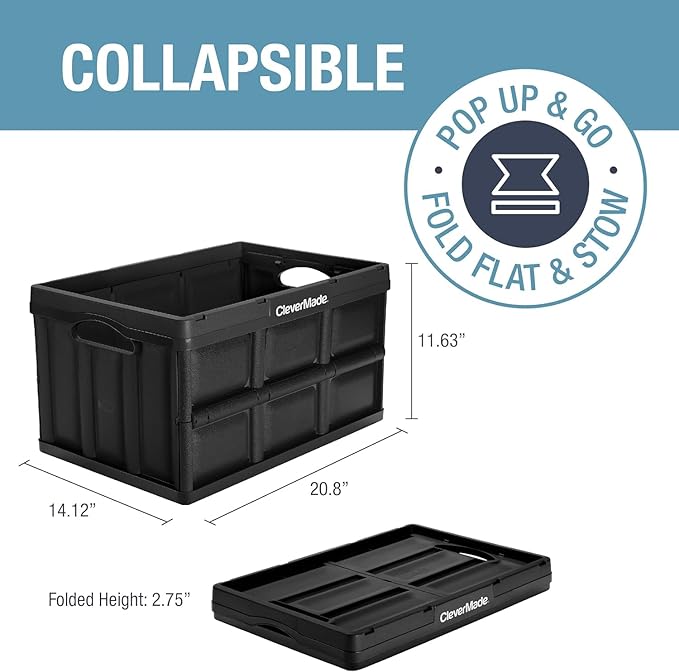 CleverMade Collapsible Storage Bins 46L (3-Pack) – Heavy Duty Collapsible Plastic Storage Bins Stackable Folding Storage Bins for Car Garage Home Organization - Foldable Bins Stone