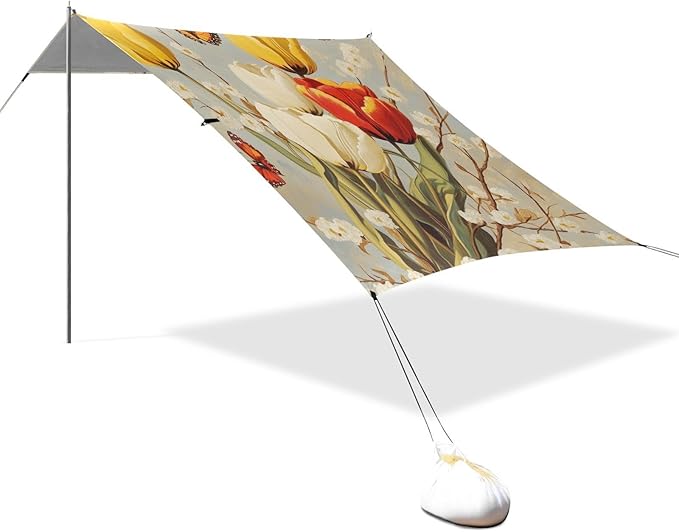 ALAZA Vintag Tulips Branches and Butterflies Beach Tent Sun Shelter Portable Canopy Sunshade for Outdoor Camping Picnics Backyard Fun 10x9 ft