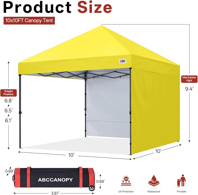 ABCCANOPY Easy Pop up Canopy Tent with 2 Sidewalls for Outdoor Sun Blocking or Rain Protection10x10 Yellow