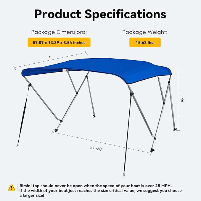 Deckpro 3 Bow / 4Bow Boat Bimini Tops 600D Solution Dyed Polyester Canopy with 1 Aluminum Alloy Frame Boat Canopy Waterproof and Sun Shade Includes Storage Boot 2 Support Poles 2 Straps