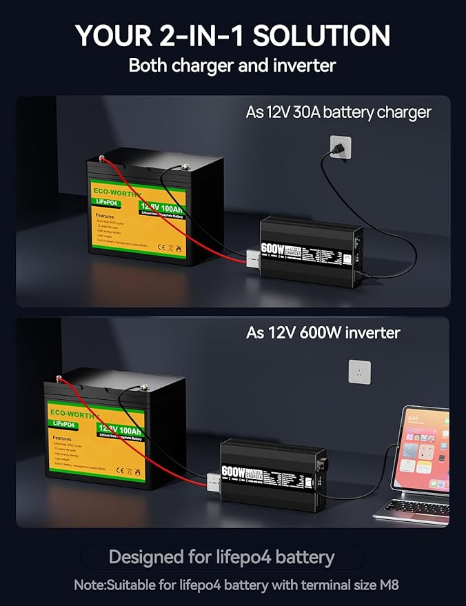 ECO-WORTHY 600W Inverter Charger 600W Pure Sine Wave Inverter &amp 30A LiFePO4 Battery Charger with 20ms UPS DC 12V to AC 110V Output Surge 1200W for RV Lithium Batteries Roadtrip Essentials
