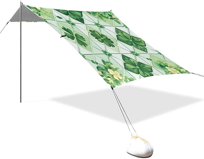 St Patrick's Clover Ceramic Tile Beach Tent Sun Shelter Set UPF50+ UV Protection 10.5 x 9.19 FT Camping Shade Canopy with Sandbags Sand Anchors Carrying Bag and Others