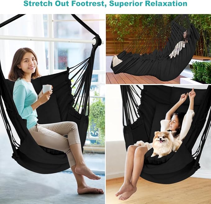 Outerman Hammock Chair Hanging Chair with 3 Cushions and Foot Rest Support Sturdy Metal Spreader Bar Max 500Lbs Swing Chair for Bedroom Indoor &amp Outdoor Patio Porch or Tree（Black）…