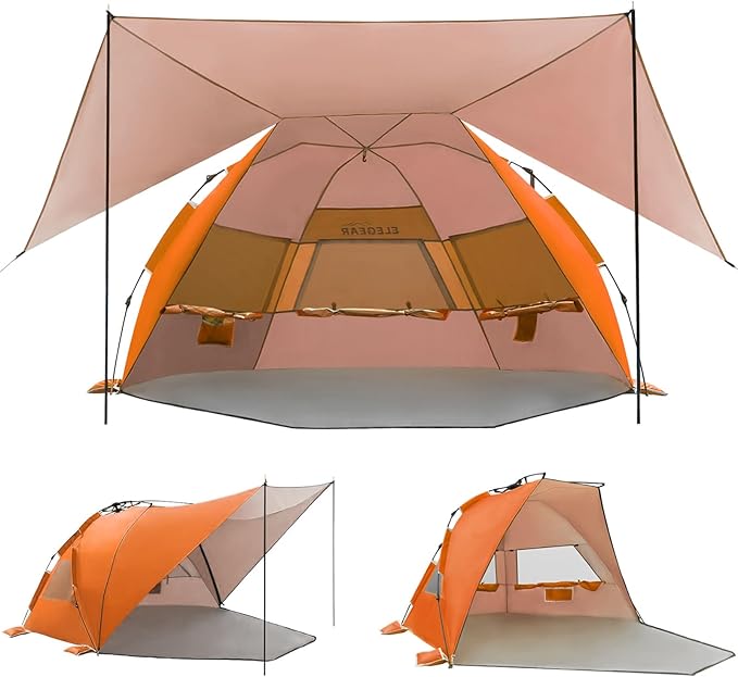 Elegear CumbreX™ Beach Tent with 360° Removable Canopy 4-6 Person Pop Up Sun Shade Shelter UPF 50+ Automated Installation Double Silver Coating Portable Lightweight Beach Cabana for Outdoor Orange