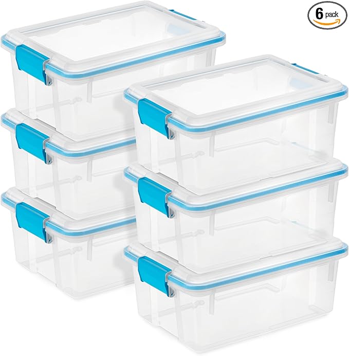 Sterilite 6-Pack Gasket Box Weather-Resistant Storage Bins with Latching Lids 12 Quart - Heavy-Duty Organizing Containers for Closet Bathroom and Office