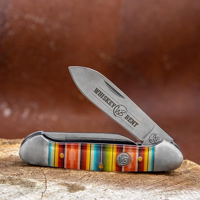 WHISKEY BENT HAT CO. Traditional Canoe Folding Knife 3.63 Closed Length 440C Stainless Steel Blades (Serape Sunrise)