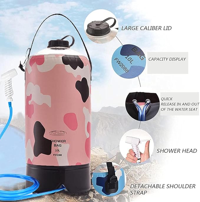 Portable Camping Shower Outdoor Solar Camp Shower Bag 10L/2.64 Gallons with Pressure Foot Pump and Shower Hose for Beach Camping Hiking Cycling Backpacking