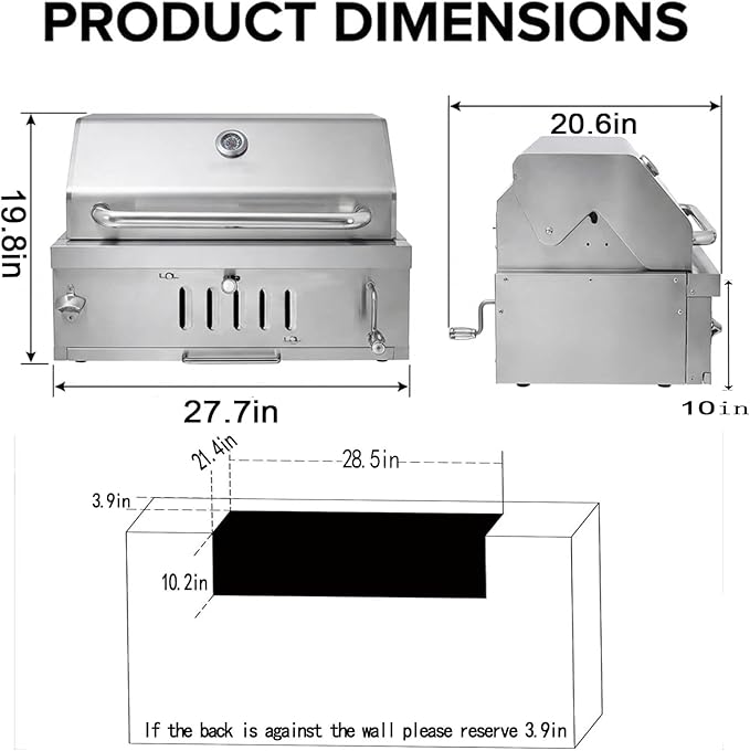 Large Charcoal BBQ Grills Built in Barbecue Grill with Liftable Tray Insulated Hood &amp Temp Gauge Silver Stainless Steel BBQ Barrel Grill for Outdoor Kitchen Cooking Family Parties Patio Park St