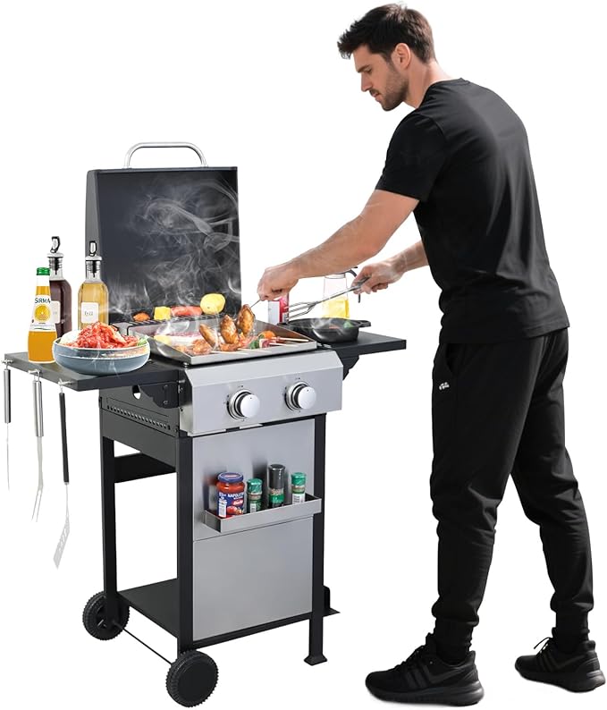 2-Burner Propane Gas BBQ Grill SS Plancha 24600BTU Stainless Steel Barbecue Grill With Wire Enamel Cooking Grids Foldable Side Table for Outdoor Camping (Style9: 2-Burner with SS Plancha)