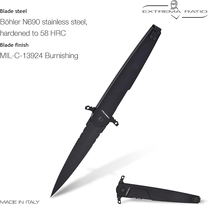 Extrema Ratio - BD4 Contractor (Black) Folding Knife Böhler N690 Steel Blade 58 HRC Black Burnished Finish Smooth Aluminum Handle Ergonomic Design Reversible Clip Italian Craftsmanship Durable