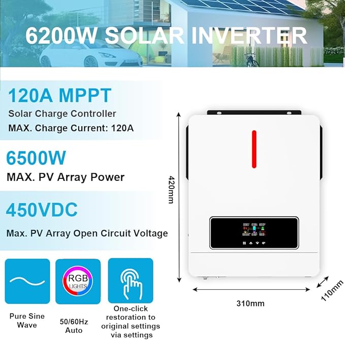Y&ampH 6.2KW Solar Hybrid Inverter 48V AC220V On/Off-Grid Solar Inverter Built-in MPPT 120A Solar Charger Two Load Output Power Max PV Power 6500W Input Supports Batteryless