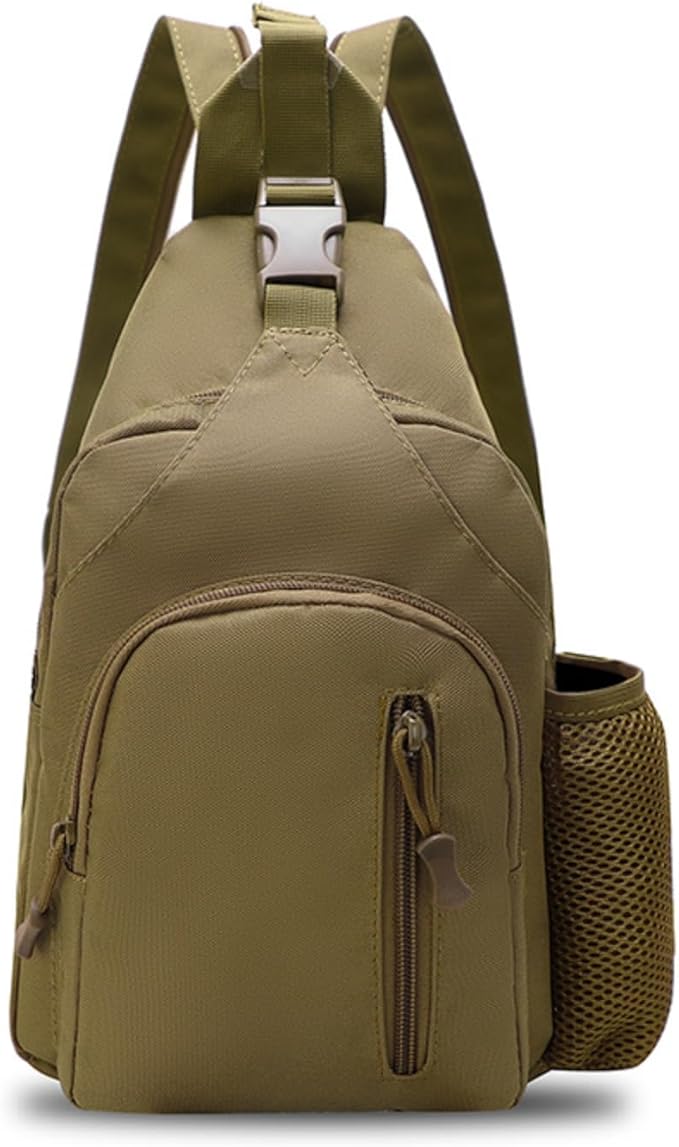 Military Casual Chest Sling Bags with Water Bottle Holder Lightweight Crossbody Daypack(Khaki)