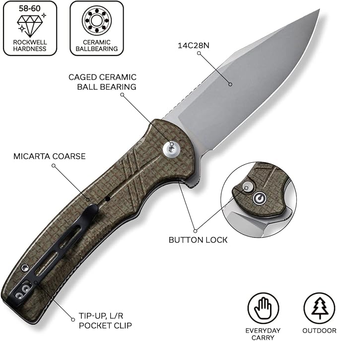 CIVIVI Folding Pocket KnifeCogent Knife 14C28N Blade Green Micarta Handle for EDC C20038D-5
