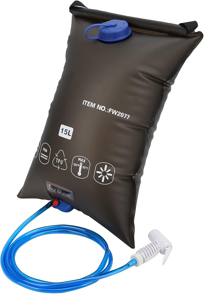 Outdoor Foldable Heated Shower Bag 15 Liter High Capacity Camping Shower Bag Kit with Shower Nozzle and Removable Hose Portable Summer Shower Bag for Hiking Beach Swimming