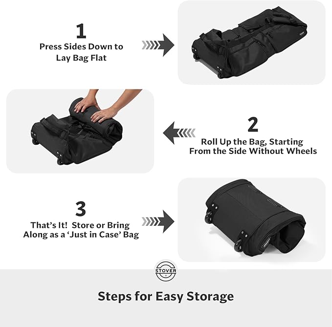 STOVER 45/80/100L U-Zip Rolling Duffel Bag with Wheels X-Large Durable Travel Duffle + Toiletry Bag Lay-Flat Opening Packable w/Shoulder Straps- Use as Luggage or Backpack Men/Women (Black)