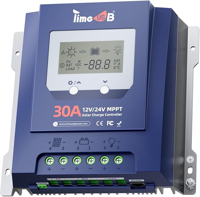 Timeusb 30 Amp MPPT 12V/24V/Auto DC Input Solar Charge Controller 99% MPPT Tracking Efficiency and Fast Charging 50V MPPT Controller with LCD Screen for Solar Panel Systems