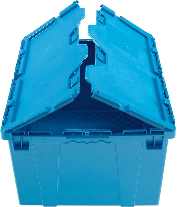 Global Industrial Plastic Distribution Container With Hinged Lid 2.4 Cu. Ft Capacity 50 Lbs. Capacity Nestable &amp Stackable 23-3/4x19-1/4x12-1/2 Blue