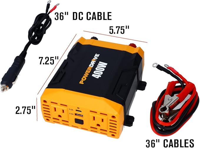 PowerDrive PWD400 400 Watt Power Inverter 12v DC to 110v AC with 2 Outlets and 2 Ports