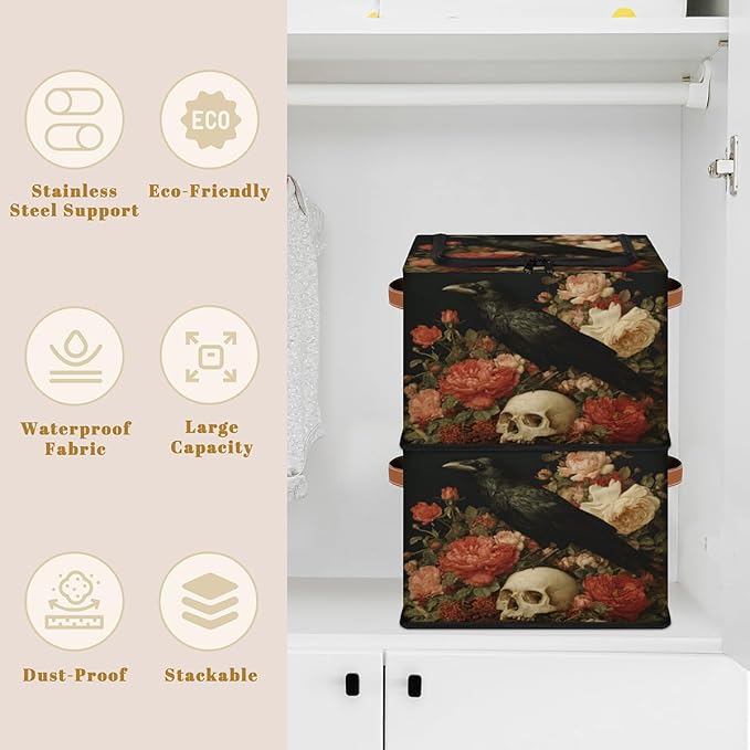 Halloween Raven Storage Bins with Lids Skull Floral Collapsible Cube Storage Basket with Leather Handle Foldable Storage Box with Lids for Organizing Home Closet