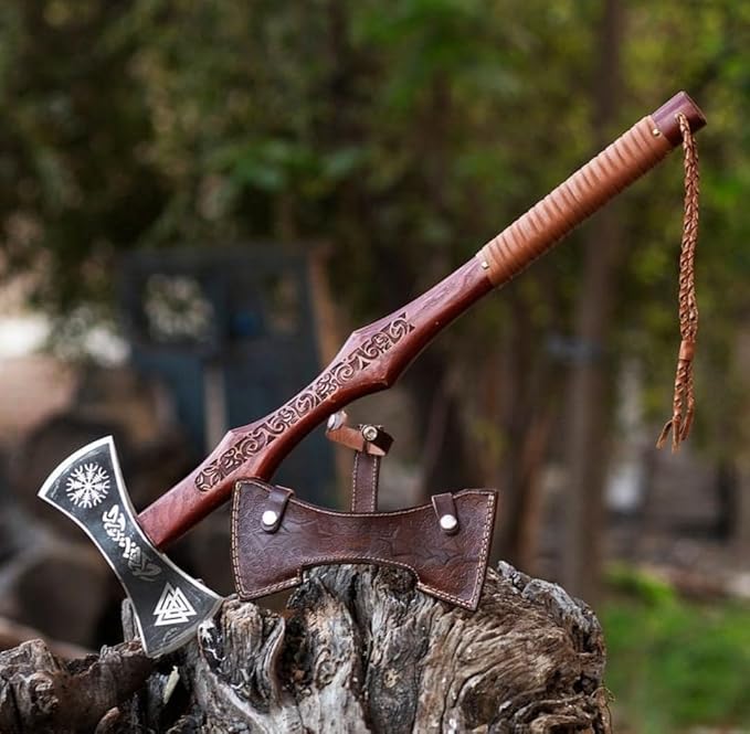 Handmade High Carbon Steel Double Edge Viking Axe - Valhalla Axe with Sheath - Viking Hatchet - Hunting Axe - Rose Wood Handle - Hand Engraved Design by Empire Industry