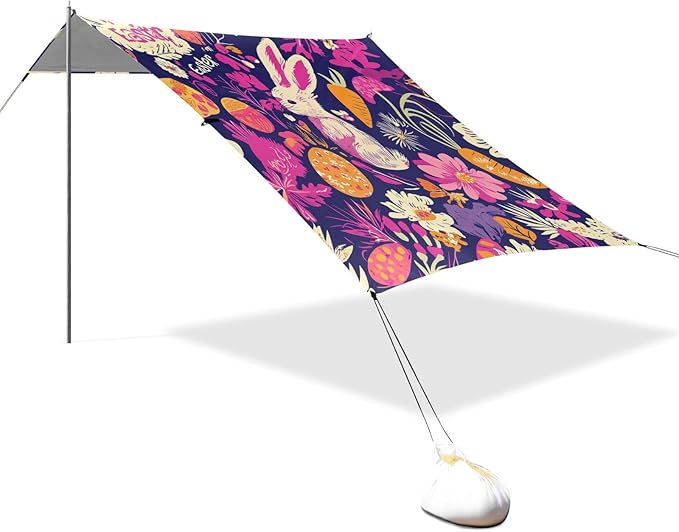 Happy Easter Rabbit Carrots Bowknot Daisy Egg1 Foldable Beach Canopy UPF50+ Waterproof Portable Sun Shelter with Sandbags &amp Sand Shovel for Camping Picnics Backyard &amp Fishing