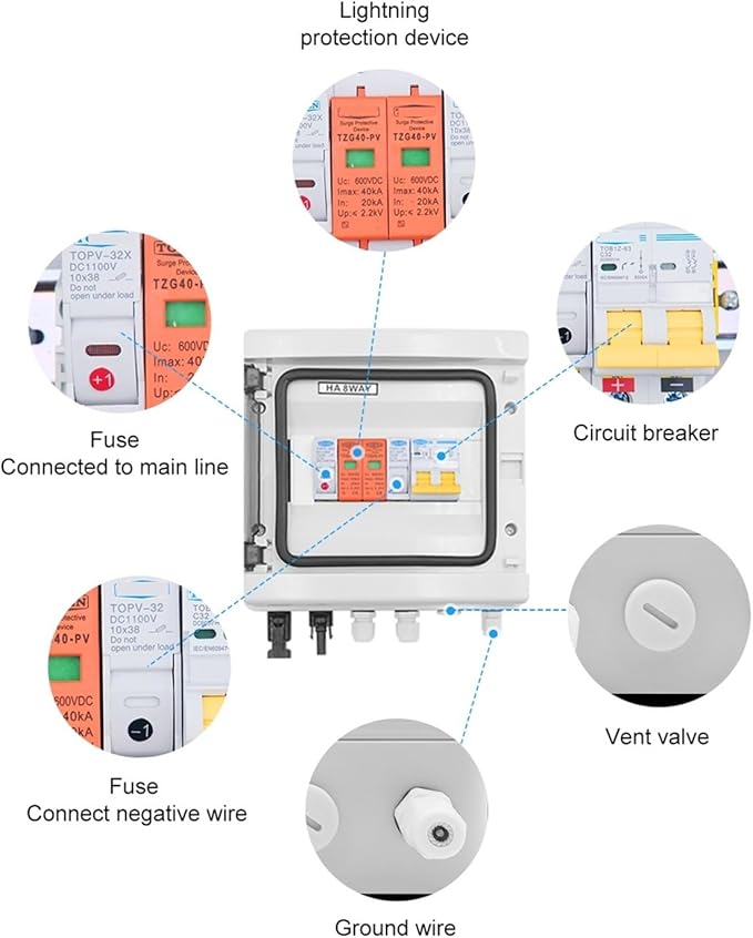 Solar photovoltaic Combiner Box Solar photovoltaic PV Combiner Box with Lightning Protection 1 Input 1 Out DC 600V Fuse MCB SPD Box IP65(63A DC MCB)
