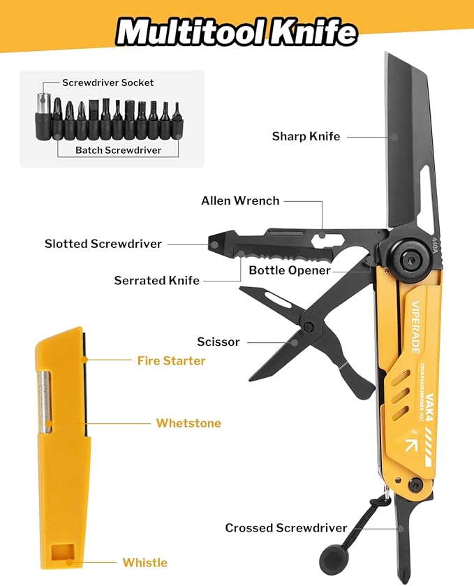 VIPERADE VAK4 Multitool Pocket Knife for Men Multifunctional 21-in-1 Multitool Pocket Knife with Pouch Outdoor Camping Survival and Everyday Use (K4-Yellow)