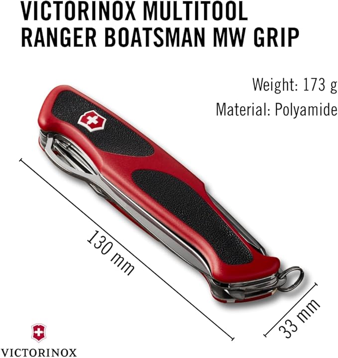 Victorinox Ranger 78 M Grip Swiss Army Knife 12 Functions Swiss Made Pocket Knife with Large Lock Blade Tweezers and Wood Saw - Red/Black