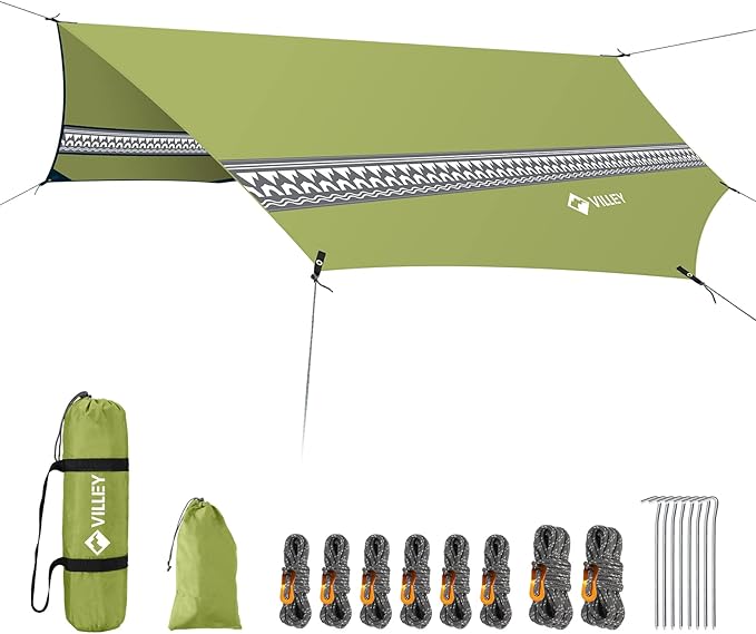 VILLEY Hammock Tent Rain Fly Octagonal Waterproof Camping Tarp Sun Shelter for Camping Backpacking Hiking Accessory Includes Stakes Ropes and Carry Bag (Green)