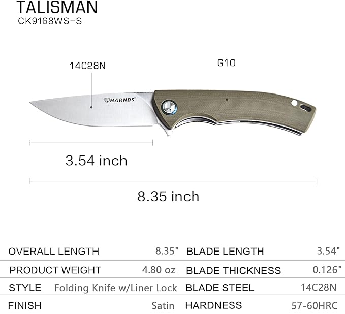 Harnds Talisman CK9168 Pocket Knife with Ball Bearing Pivot System Folding Knife with G10 Handle Pocketclip(warm sand handle)