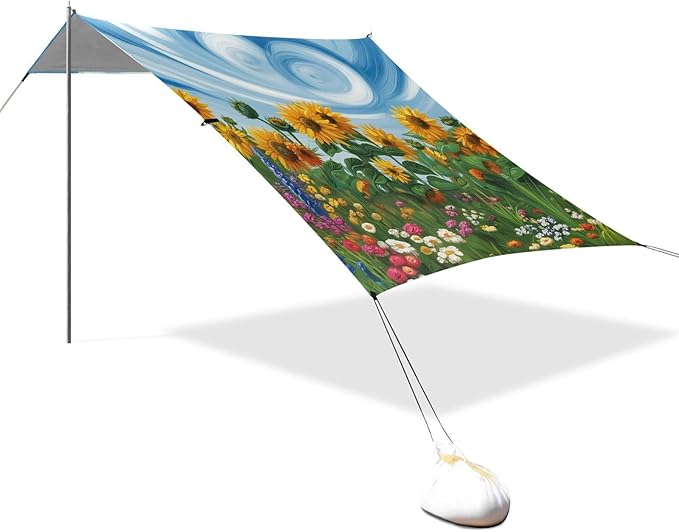 Beach Canopy with Windproof Ropes &amp Sandbags Beach Tent Sun Shade Sun Shelter for Camping Trips Fishing Backyard Fun or Picnics Sunflowers