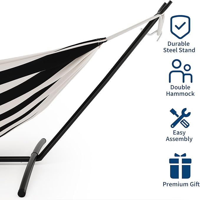 Double Cotton Hammock with Steel Stand for Outside Brazilian Style 450lbs Capacity Portable Indoor Outdoor Lounger with Carry Bag 2-Person Capacity Ideal for Backyard Garden Camping Black